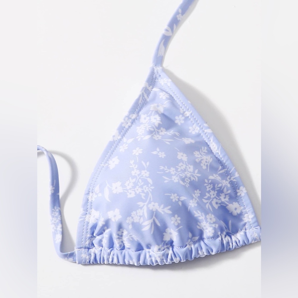 SHEIN Swim Summer Blue & White Floral Print Triangle Bikini Top Size Small